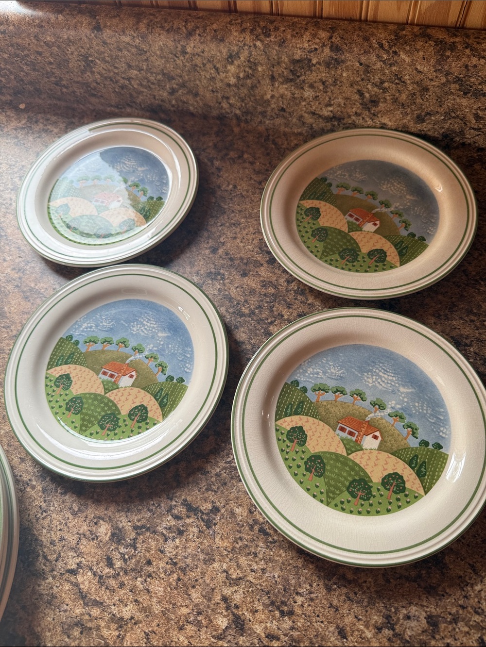 Scenic Farmhouse Salad/Dessert Plates in Green and Blue - Set of 4